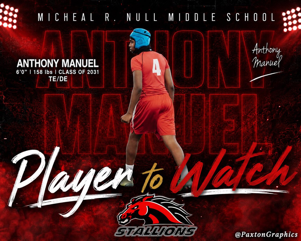 PaxtonGraphics's tweet photo. PLAYER TO WATCH | Anthony Manuel (@ant_to4), 2031 TE/DE from Michael R. Null Middle School is our newest athlete added to the list.

We’re excited to watch this young man get after it on the gridiron this upcoming season. https://t.co/mXiK3FiBZ9