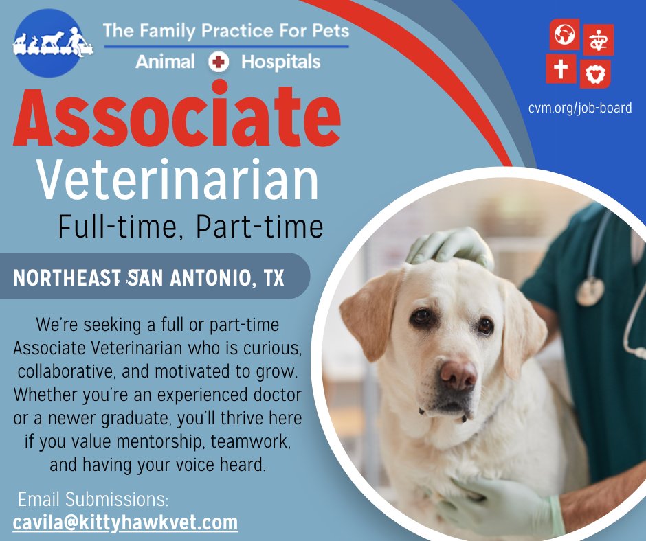 CVMUSA's tweet photo. Check out this CVM Job Board opportunity for a Full/Part-Time Associate Veterinarian in NE San Antonio, Texas. See this and many other opportunities at https://t.co/avTdRLLfMs #opportunities #Opportunity #veterinarymedicine #animals #JobBoard #CVM https://t.co/EFbVkLuJBw