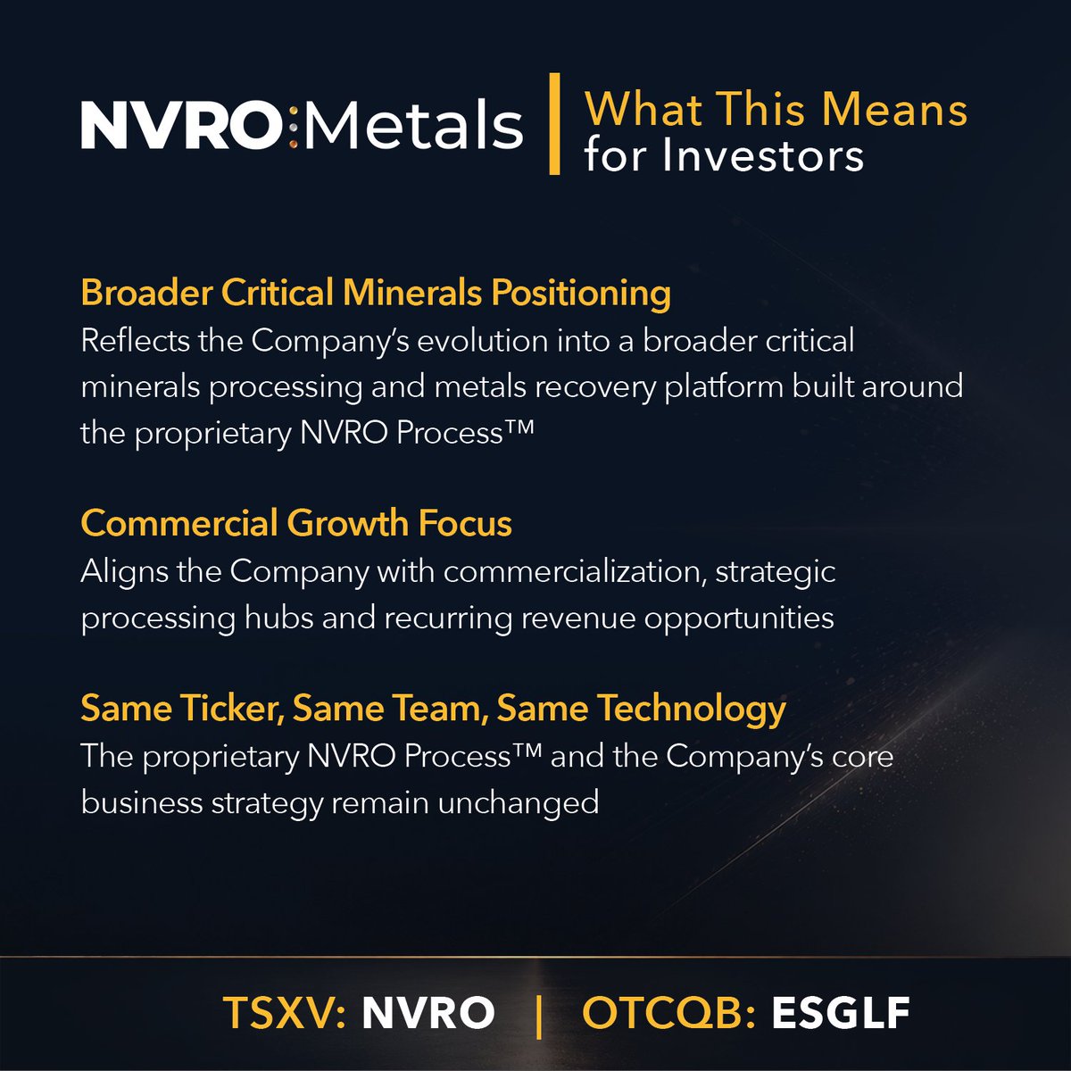 EnvirogoldG's tweet photo. EnviroGold is becoming NVRO Metals.
The name change reflects our evolution into a broader critical minerals processing and metals recovery platform built around the proprietary NVRO Process™
Same Ticker:
TSXV: NVRO
$NVRO.NE #CriticalMinerals #Mining #MetalsRecovery #CleanTech