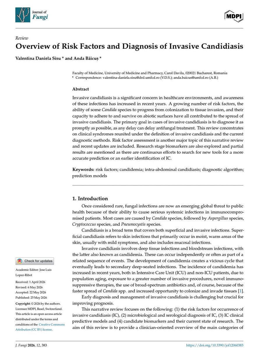 acincentral's tweet photo. La candidiasis invasiva continúa siendo una de las principales infecciones fúngicas asociadas a atención en salud, especialmente en pacientes críticos e inmunosuprimidos.
Esta revisión sintetiza la evidencia actual sobre factores de riesgo, epidemiología y herramientas diagnósticas en candidemia y candidiasis invasiva, incluyendo biomarcadores emergentes y modelos predictivos para identificación temprana.
El diagnóstico oportuno sigue siendo determinante para optimizar el inicio de terapia antifúngica y mejorar desenlaces clínicos.
#Infectología #CandidiasisInvasiva #Candidemia #CriticalCare #Microbiología #Antifúngicos @Lauranocuab