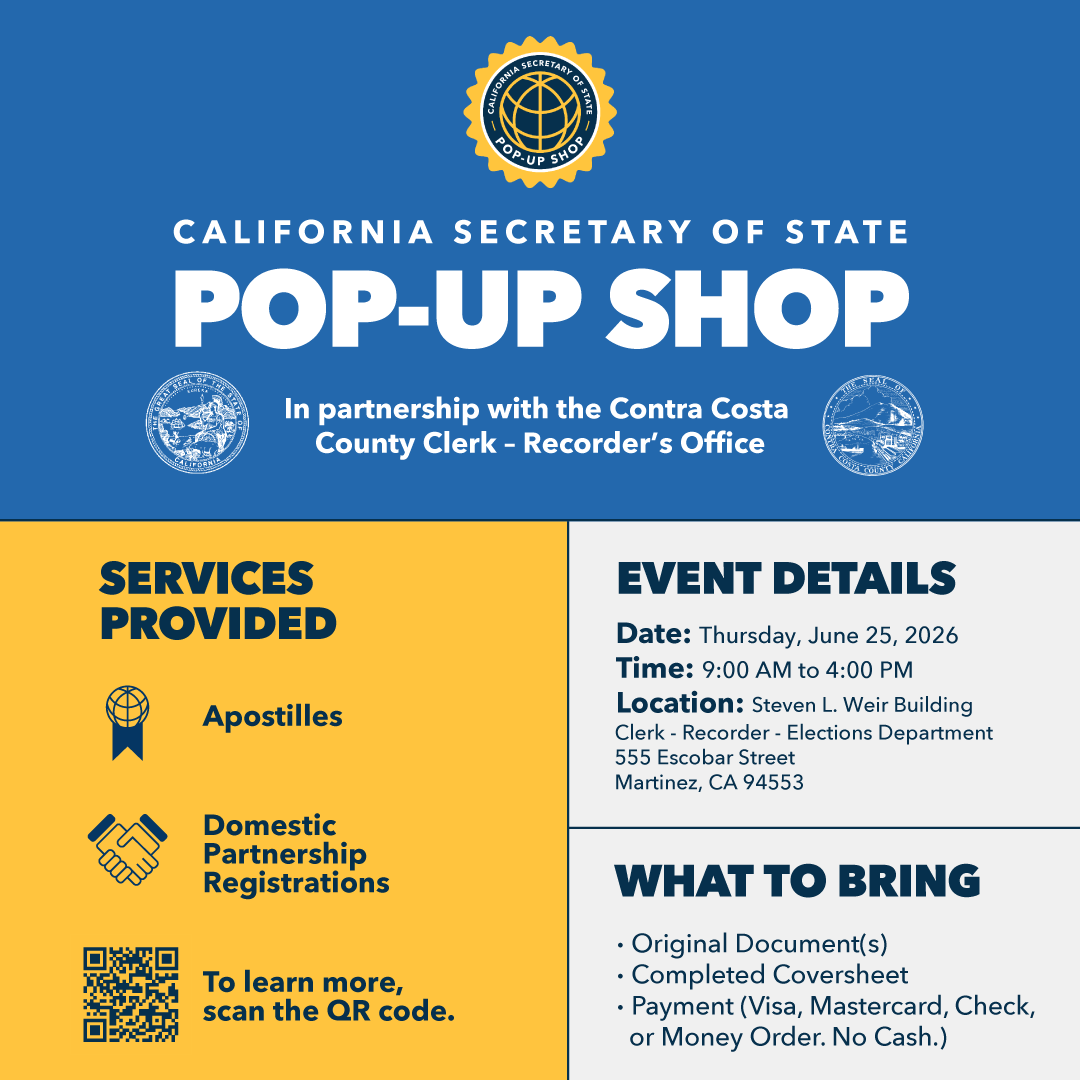 CASOSVote's tweet photo. 📣 SOS Pop-Up Shop alert! Need a document authenticated for use abroad? ✈️ Looking to register a Domestic Partnership? 💖 We’ve got you! Come to the Contra Costa Clerk - Recorder's Office on June 25th for same-day apostille and domestic partnership registration services!  🌐 https://t.co/SrjuEaK1Fm