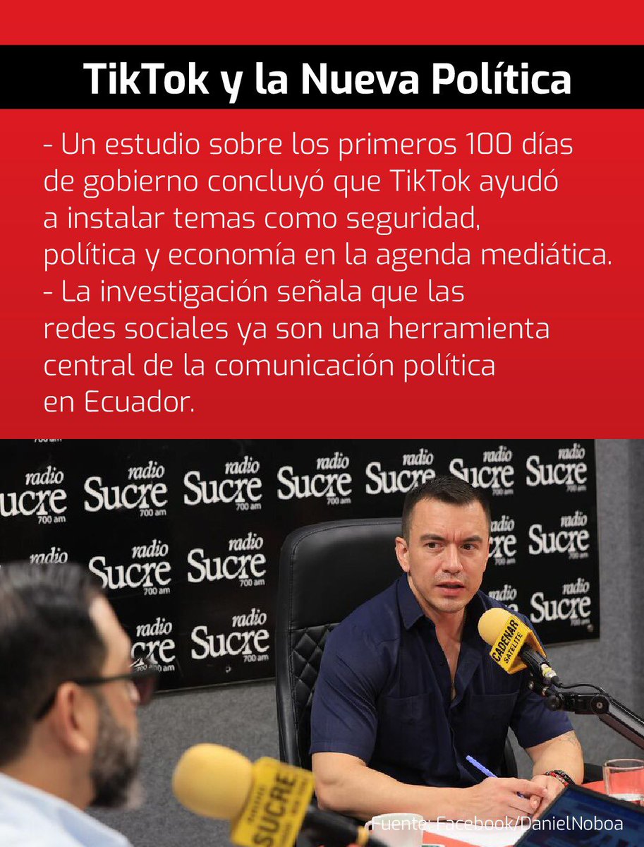 PeriodismoUSFQ's tweet photo. ¿Cómo cambió TikTok la comunicación política en Ecuador? 📱🇪🇨
Un estudio publicado en #PerDebate analiza cómo Daniel Noboa utilizó memes, videos virales y narrativas digitales para conectar con jóvenes y posicionar temas en la agenda mediática durante su campaña.
#periodismo https://t.co/EkjAFwP5AP