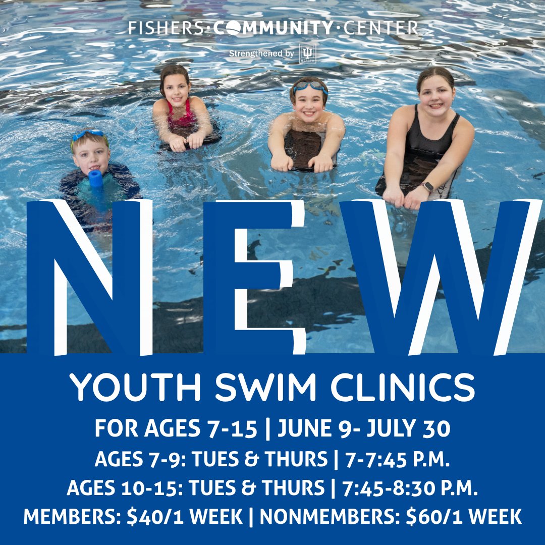 FishersComCtr's tweet photo. NEW! Youth Swim Clinics 

Designed for ages 7-15, these 2-day clinics help kids strengthen specific swim skills.

📅 June 9-July 30
📍 Tues &amp; Thurs
💧 Each week focuses on a different technique

Members: $40/week
Nonmembers: $60/week

Register now: https://t.co/xiB55xXnyj https://t.co/NsZmnHIHtl