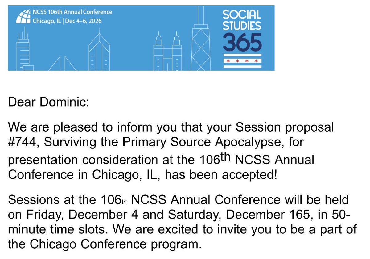 DHelmEDU's tweet photo. 🎉 Excited to have my sessions accepted for the 2026 Annual Conference of the National Council for the Social Studies in Chicago! 🇺🇸📚

Looking forward to presenting with Adam Moler and reconnecting with so many great friends along the way! 🤝✨ #NCSS26 @eduprotocols https://t.co/EqCxs8NYHl