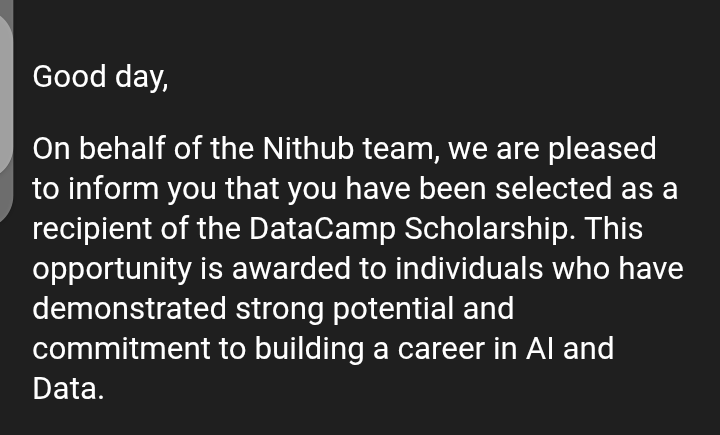 ebimoboere_w's tweet photo. I've been selected for the Nithub x DataCamp Scholarship 🎉
500+ courses, hands-on projects &amp; certifications
Grateful to @nithub_lag and @DataCamp for this amazing opportunity. Time to level up! 🚀
#DataCamp #Nithub #DataAnalytics #Scholarship https://t.co/zqy00iaAVW