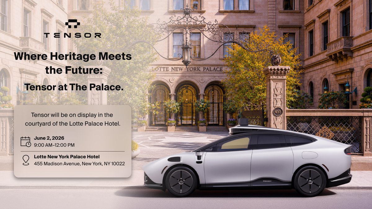 TensorAuto's tweet photo. Spotted: Tensor making a grand entrance at the iconic Lotte Palace Hotel. 

We’re bringing the future of autonomous luxury straight to Manhattan’s most famous center courtyard. Stop by to meet Tensor in person.

🗓️ Tuesday, June 2 | 9:00 AM – 12:00 PM
📍 Lotte New York Palace Courtyard

#SpottedInNY #TensorAuto #LotteNewYorkPalace #UpperEastSide
