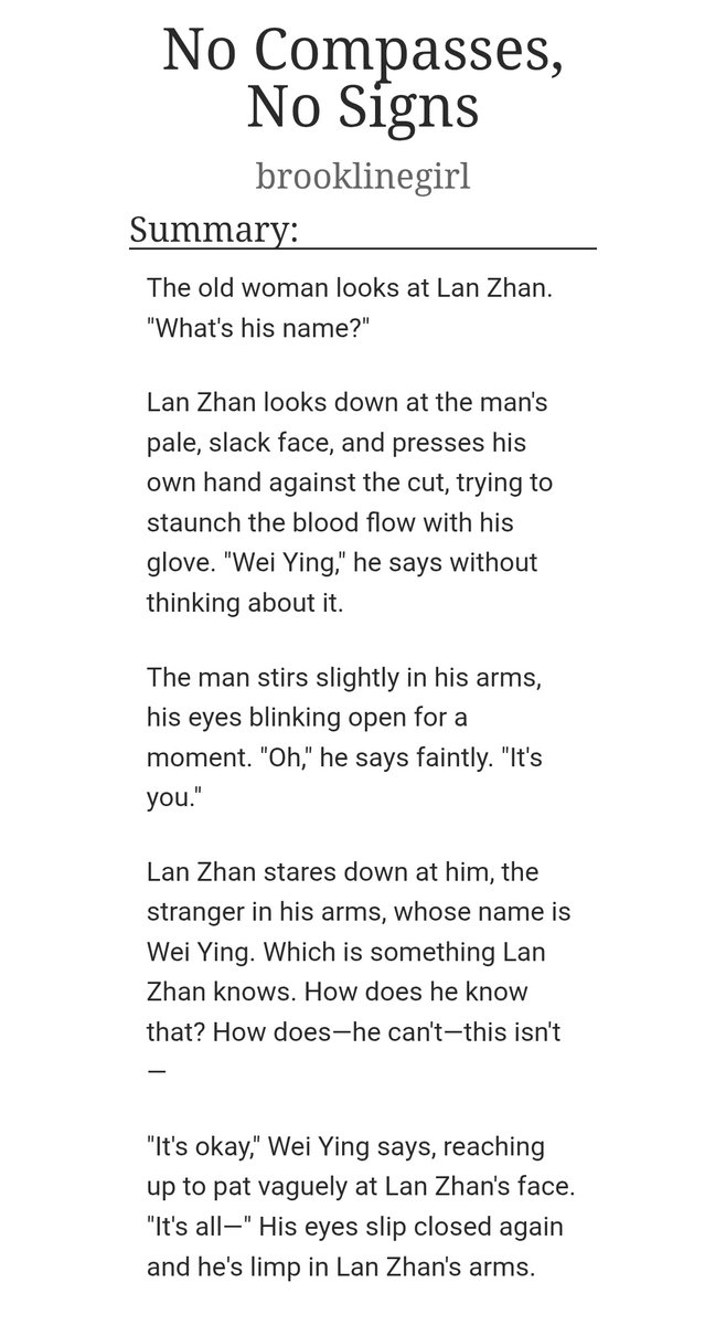 520xzwyb's tweet photo. I was sucked into their yearning, their feelings, the pull between their souls right from the start.
This soulmates bond #WangXian fic was so ❤️‍🔥❤️‍🔥❤️‍🔥 and wonderful 🥹🥹🥹💙❤️

No Compasses, No Signs by
brooklinegirl @traceyfic 

https://t.co/jx6PVRYrE7

#mdzs
#mdzsficrec
#mxtx https://t.co/FIPZ8Gh94h