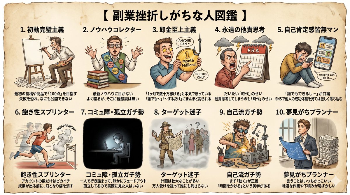 north_factoring's tweet photo. 副業で挫折しがちな人図鑑です https://t.co/Zah9nzq4OU