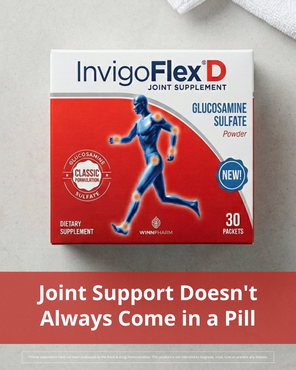 InvigoFlex's tweet photo. Support healthy cartilage over time.

InvigoFlex® D provides Glucosamine Sulfate to help maintain joint function, flexibility, and long-term mobility.

#InvigoFlex #JointHealth #StayActive https://t.co/GqMCtb6rPw