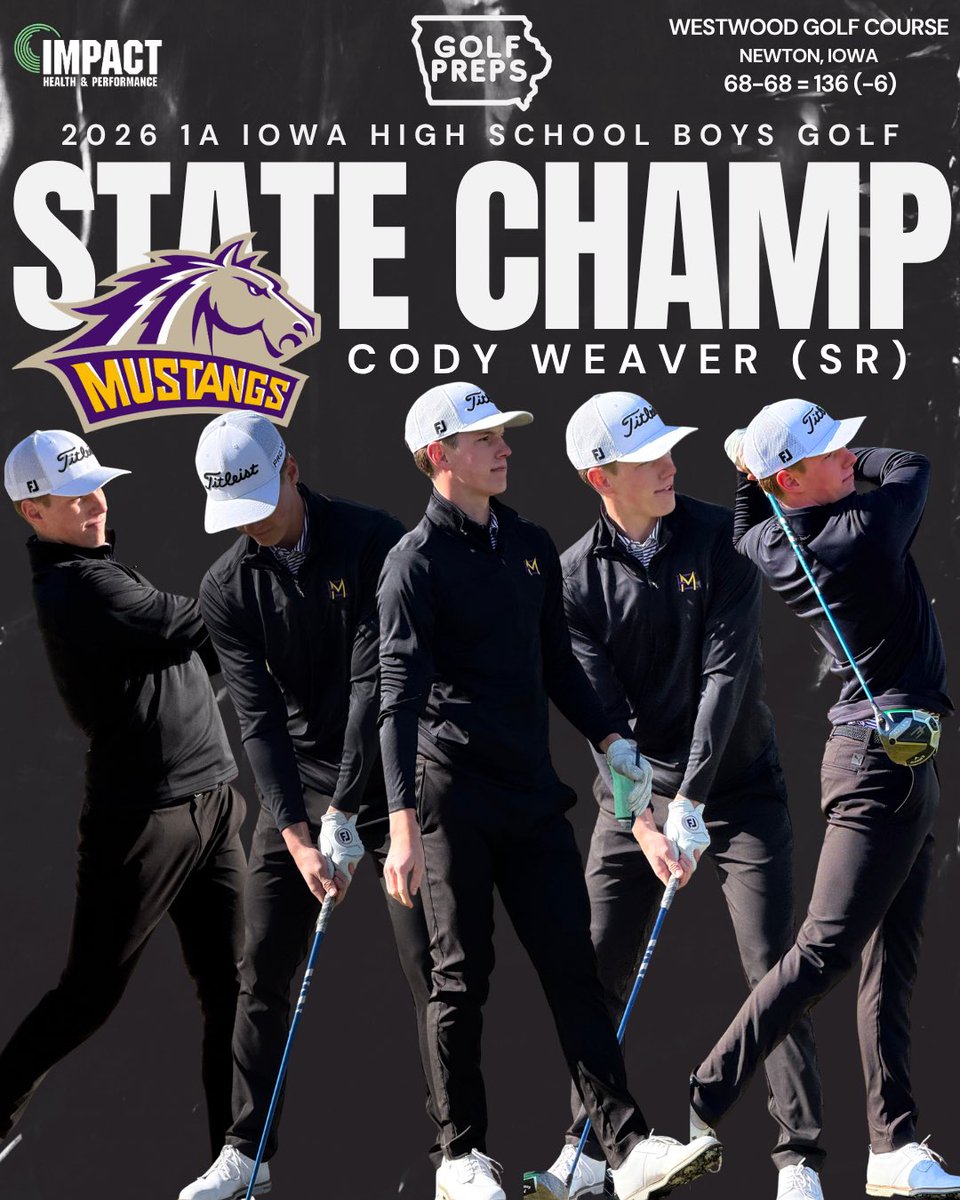 IowaGolfPreps's tweet photo. East Marshall Senior &amp; University of Iowa commit Cody Weaver is your 2026 1A Boys Golf State Champion! 

Cody also qualified into the US Open Final Qualifying Stages two weeks ago, pretty good run the kid is on!

Presented by Impact Health &amp; Performance 

#ihsaa 

@Bound_IA https://t.co/3c3kUiA5LS