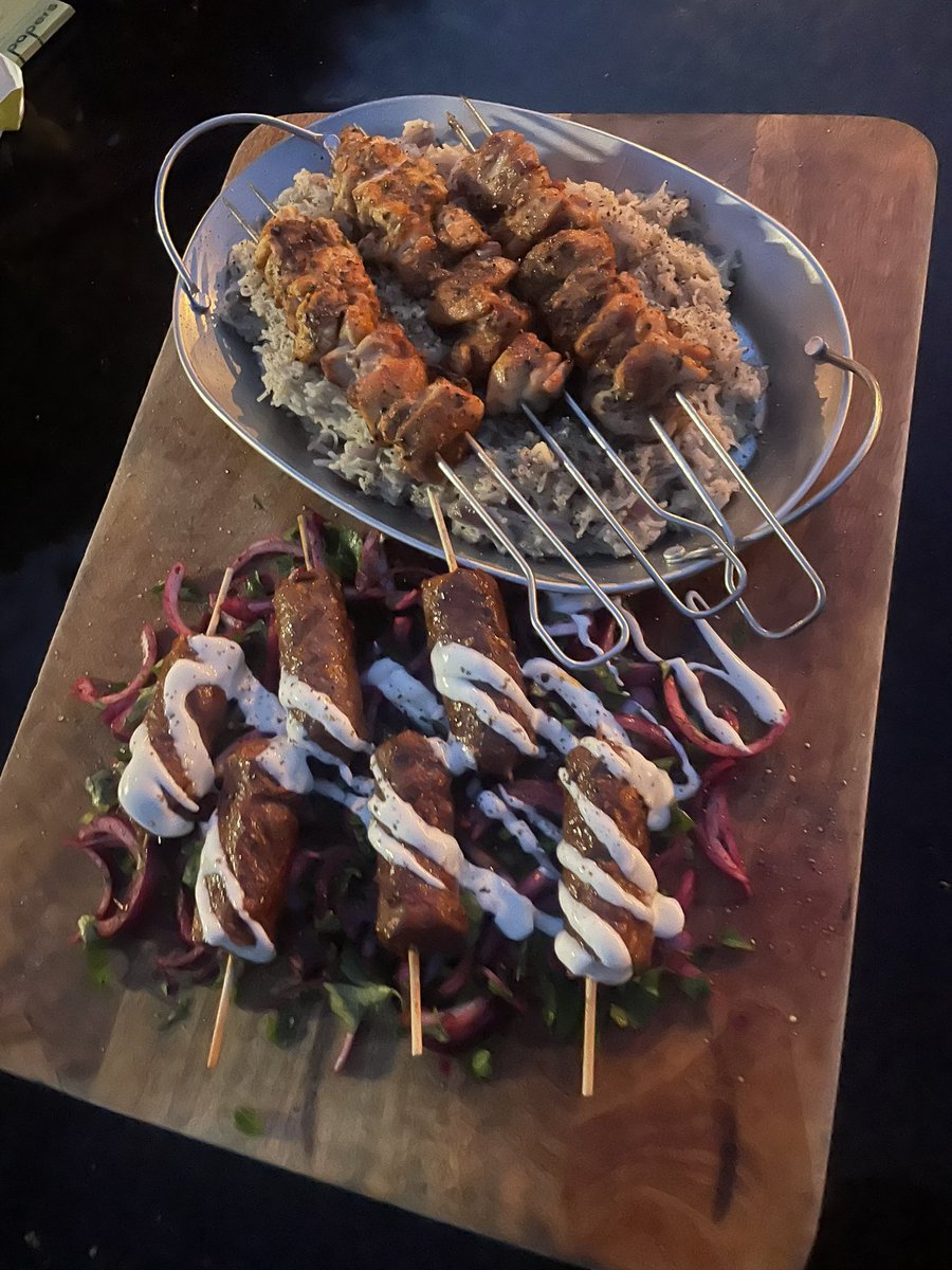 bbqhound's tweet photo. Greek rubbed chicken skewers with lamb koftas and sumac onions https://t.co/WCmUQMrd2h