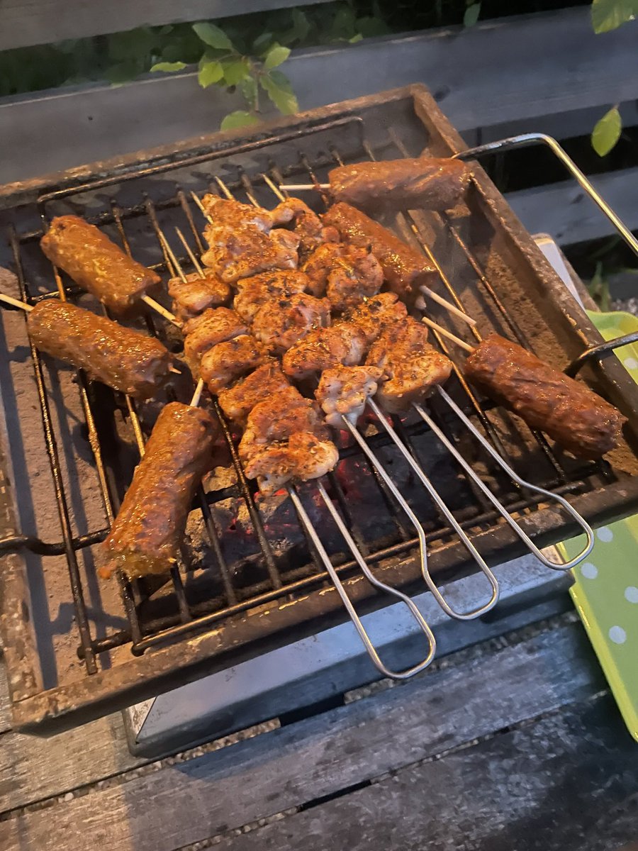 bbqhound's tweet photo. Greek rubbed chicken skewers with lamb koftas and sumac onions https://t.co/WCmUQMrd2h