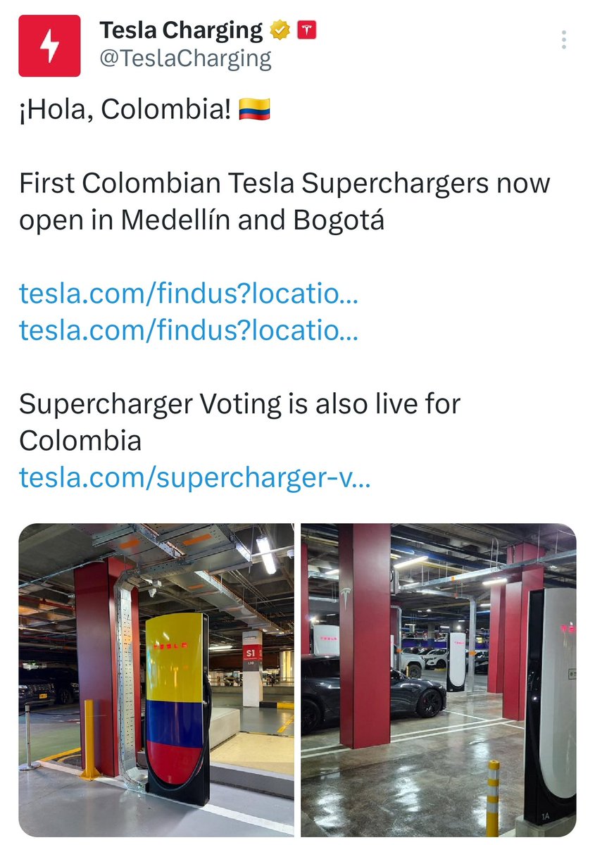 ClubTeslaMexico's tweet photo. Colombia ahora tiene supercargadores.

¡Felicidades! https://t.co/xv7eSfH2uC