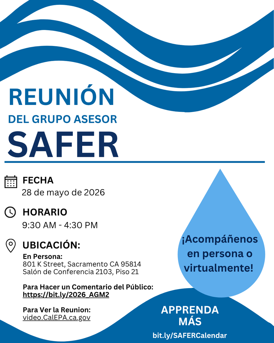 CaWaterBoards's tweet photo. ¡Acompáñenos!   La 2da reunión del Grupo Asesor SAFER del 2026 se llevará  el 28 de mayo.   Esta reunión está abierta al público. Pueden participar virtualmente por Zoom o en-persona en 801 K Street, Sala de Conferencia 2103, Sacramento CA 95814. https://t.co/1MoiOg3Cjc