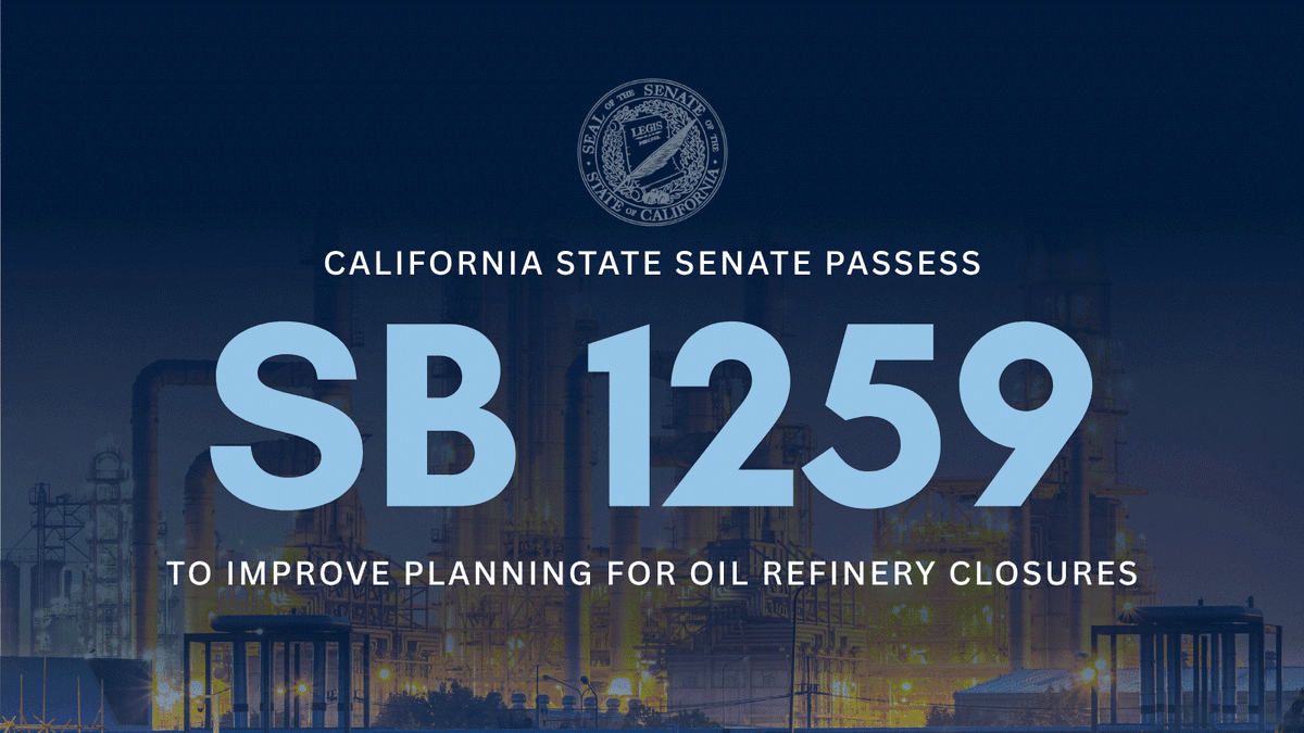 SenBlakespear's tweet photo. Many sectors of the energy industry are required to plan for what happens if they close their facilities. So should oil refineries. That's why I authored #SB1259. I am glad to report that the Senate passed the bill today. @APEN4EJ @CBECal @cejapower Read more. https://t.co/dDhJ487BE7