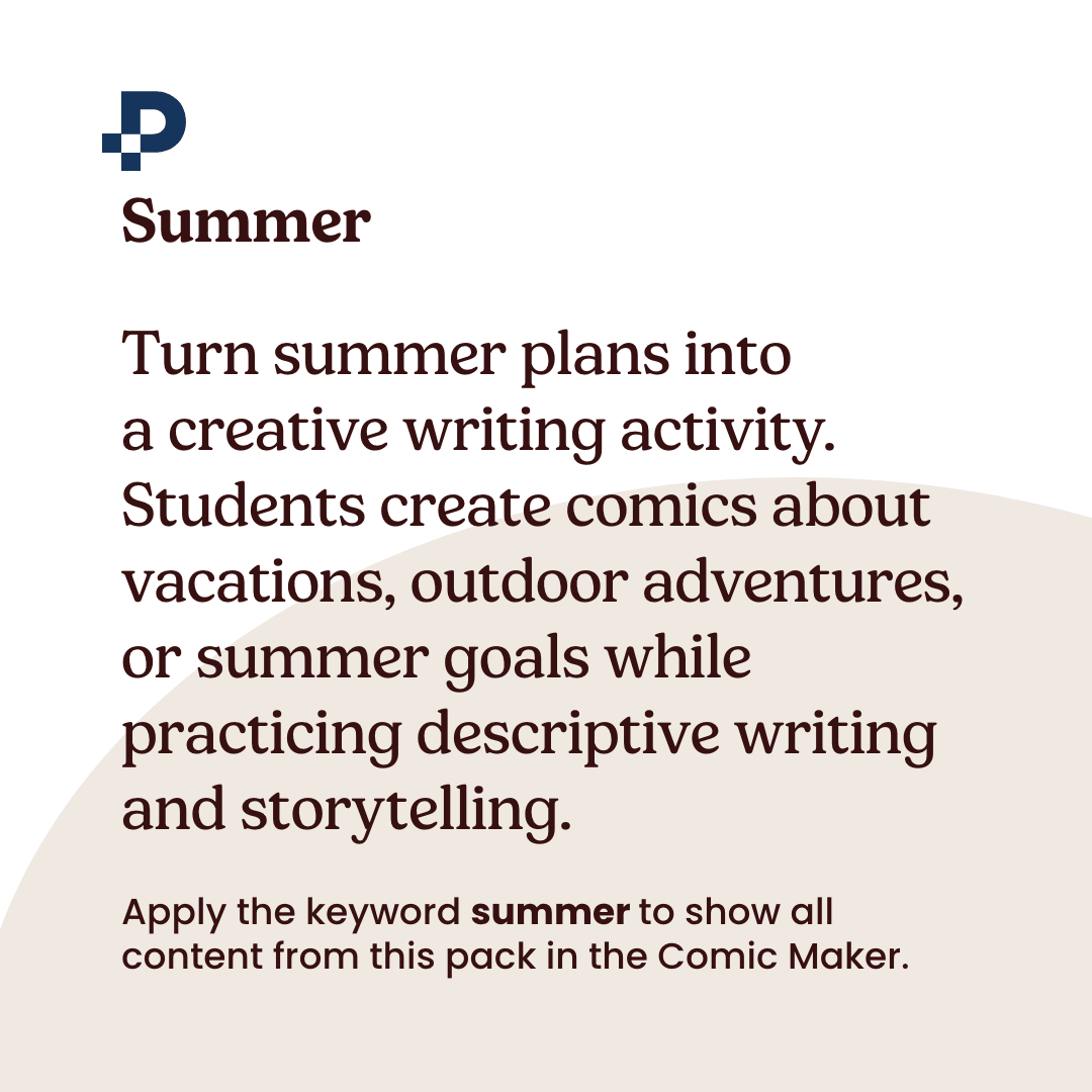 Pixton's tweet photo. Bring summer storytelling into your classroom ☀️. Students can create comics about vacations, outdoor adventures, summer goals, and favorite memories while building creativity, descriptive writing, and communication skills. 🌴📚

Explore the Summer Content Pack: https://t.co/Hu5utciagL

#ELA #CreativeWriting #ComicsInTheClassroom #Pixton