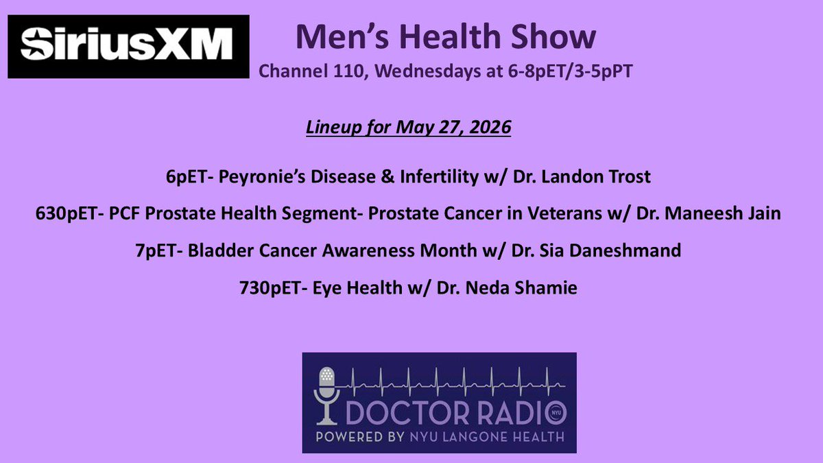 LoebStacy's tweet photo. 🎙️Radio time! Tune in now on @SIRIUSXM ch 110 @NYUDocs from 6-8pE/ 3-5 PT for a great lineup! @trost_landon @PCFnews @siadaneshmand @nedashamie https://t.co/q125sUU7dk