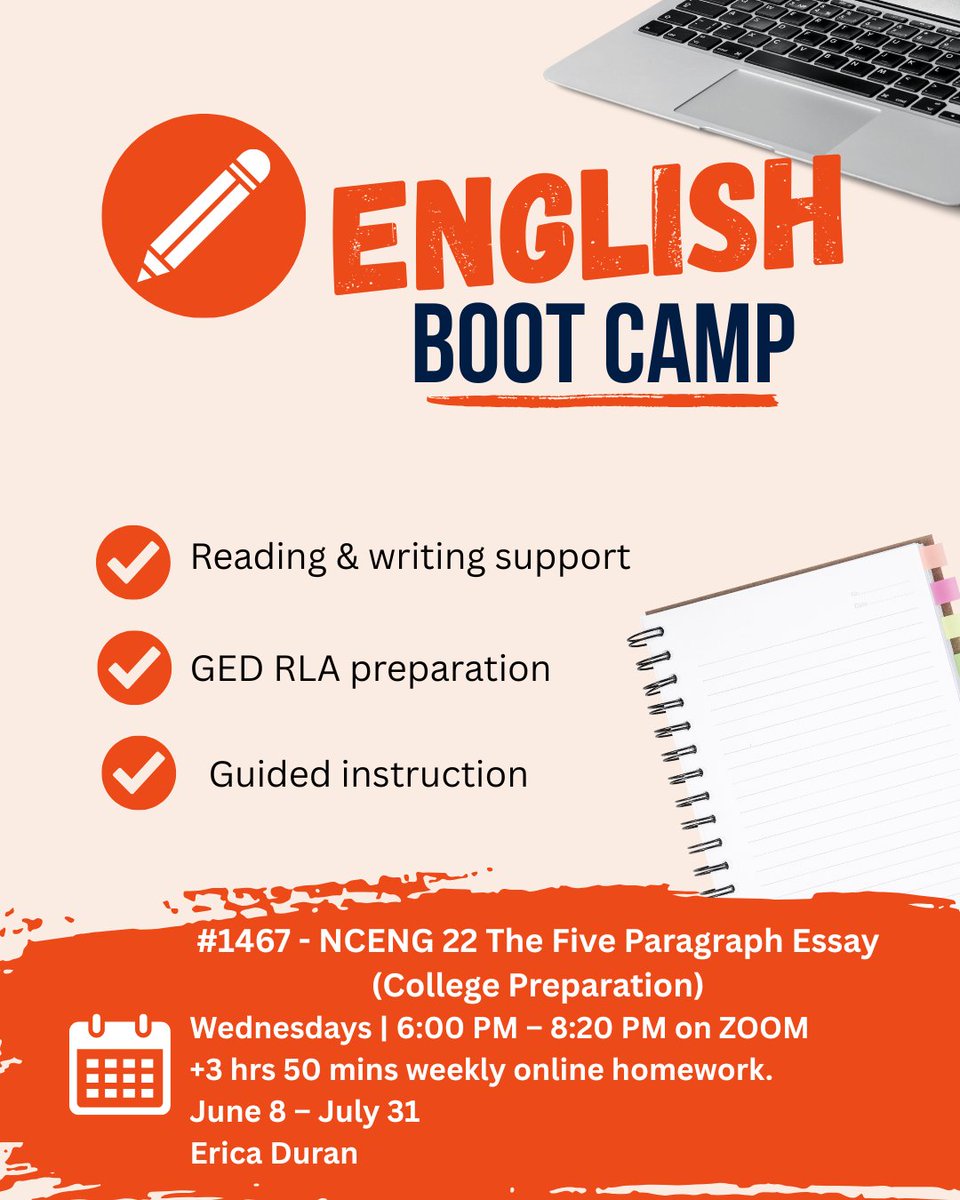 MCCAdultEd's tweet photo. ☀️ NEW THIS SUMMER: GED Boot Camps at MiraCosta Continuing Education!

📘 Math Boot Camp
✍️ English Boot Camp

Focused support to help you build confidence, strengthen skills, and get ready for the GED test. 💻📚

📅 June 8–July 31
🔗 https://t.co/hu095qsZEv https://t.co/ofDN9UmKNQ