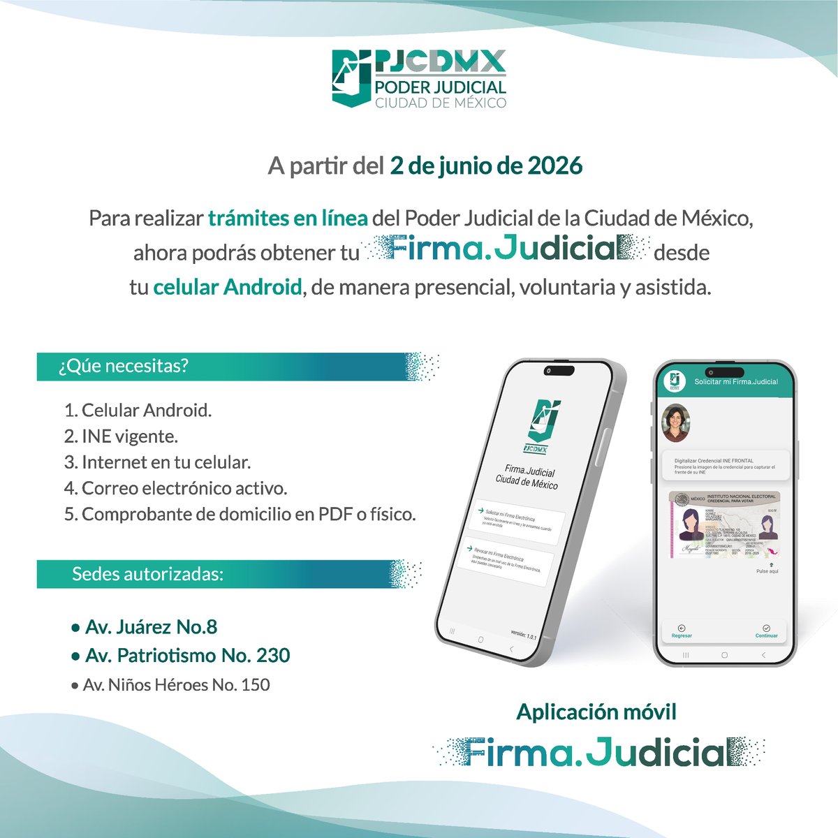 PJCDMX's tweet photo. 📲 A partir del 2 de junio de 2026, el #PJCDMX facilitará la obtención de la #FirmaJudicial desde celular Android, de manera presencial, voluntaria y asistida.

Acude a las sedes autorizadas y conoce los requisitos.
#PJCDMXvirtual #CDMX https://t.co/hLpXHrfYrm