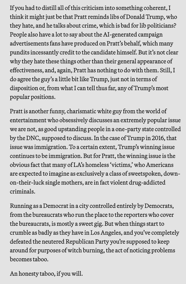 Jesse_Leg's tweet photo. This is the best piece yet at distilling what the Spencer Pratt phenomenon is all about.

His rise represents the shattering of the honesty taboo in Los Angeles and other poorly governed big blue cities like it. https://t.co/HBHGRqni7f