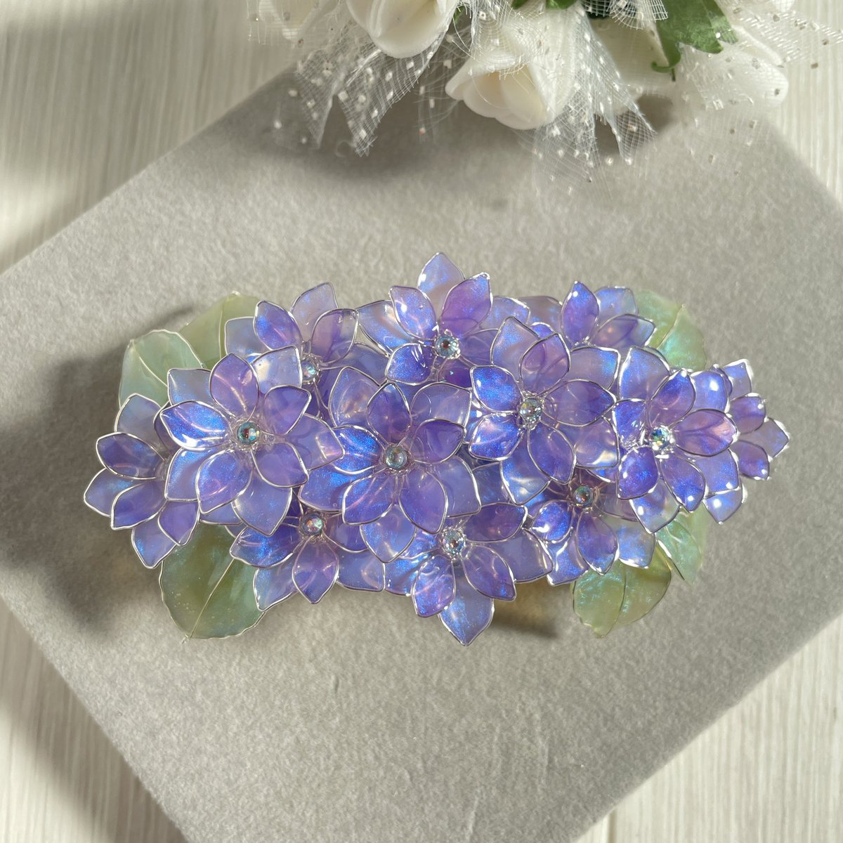 本物紫陽花吸い上げ染め❤️切子硝子調レジンのロングバレッタ❤️