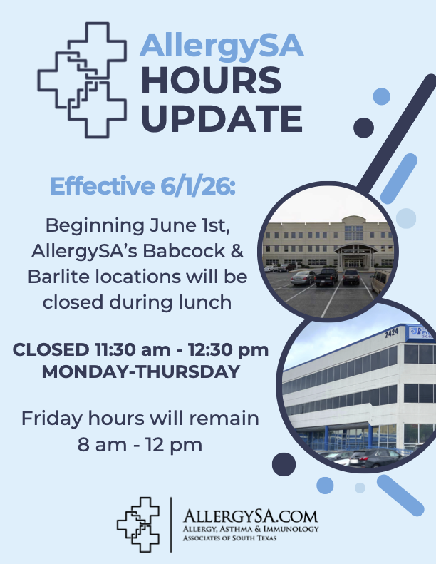 _AllergySA's tweet photo. Reminder: Effective Monday, June 1, our Medical Center/Babcock office will close between 11:30 am and 12:30 pm on Monday through Thursday. Friday hours will remain 8:00 am to 12:00 pm.

If you have any questions or concerns, please speak with one of our team members. https://t.co/7BVedlyMAD