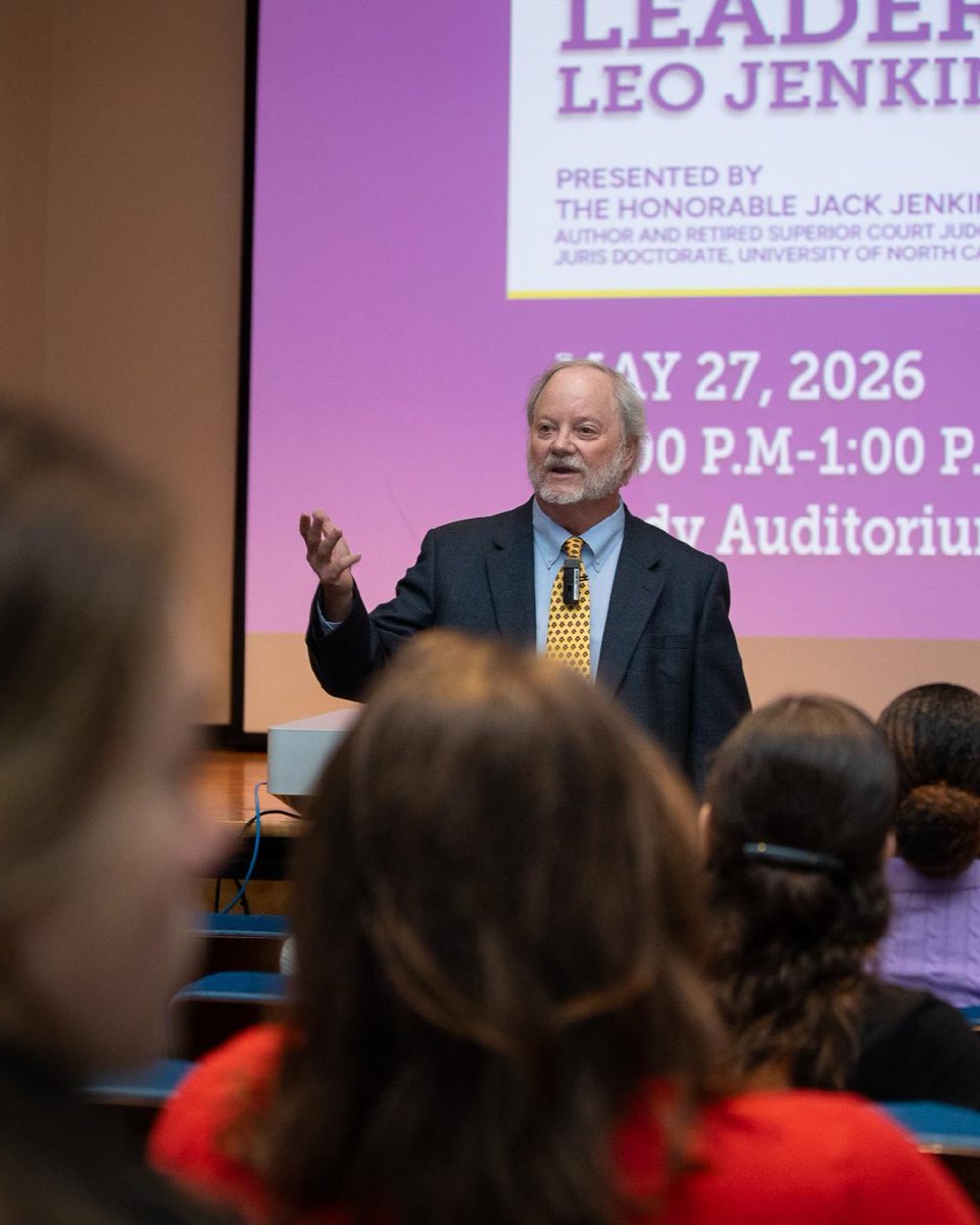 ECUBrodySOM's tweet photo. Judge Jack Jenkins, youngest son of former ECU Chancellor Leo Jenkins, gave a Brody Auditorium lunchtime talk on his father’s leadership style. One tip that stood out — put in the work. Another, make the choice as leader you know is just and right in your heart. https://t.co/cynAZv06V1