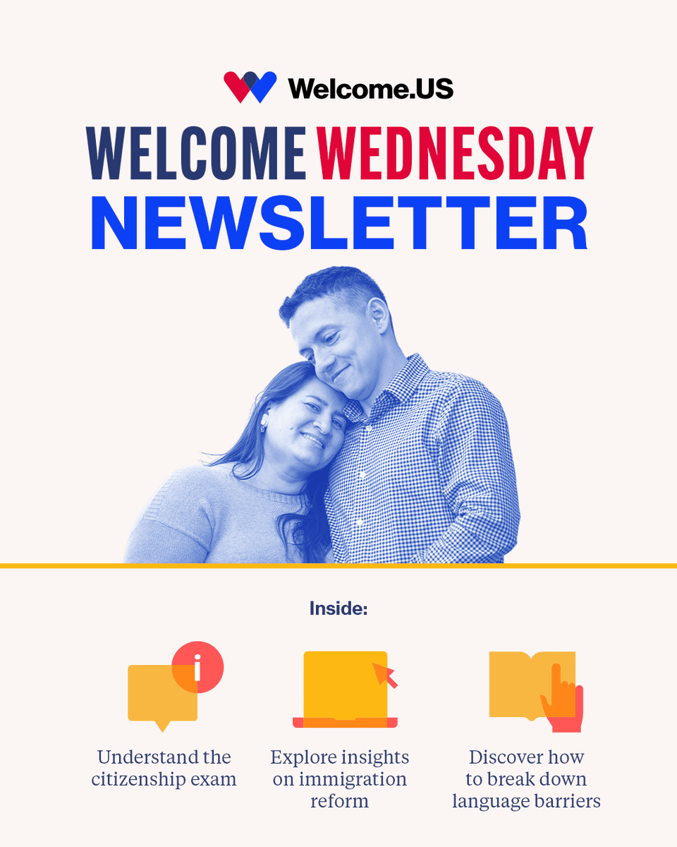welcomeus's tweet photo. Staying informed is the first step to building a more welcoming community.

Our May newsletter is out now, packed with inspiring stories and resources to help you stay up to date on the changing immigration landscape.
🔗 Read: https://t.co/hRXcSnKzKJ 

In this issue
💡 Get insights on immigration reform from https://t.co/F2BYDry8cW co-founder Cecilia Muñoz
🇺🇸 Learn about the multi-year journey of the U.S. citizenship exam
🗣️ Explore our new guide on breaking down language barriers
✨ Hear how a retired nurse is finding new purpose as a citizenship tutor

Subscribe: https://t.co/mQ67cSZOK6 

#BeAWelcomer #CommunitySupport #SocialImpact #TogetherTuesday