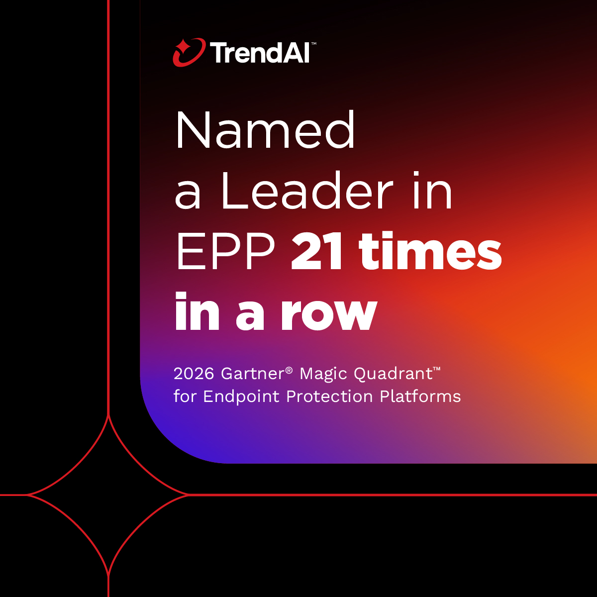 NandJason's tweet photo. Success starts with security. Your #Endpoints are a priority. 🛡️

Proud to share that TrendAI™ has been recognized as a Leader in the 2026 Gartner® Magic Quadrant™ for Endpoint Protection Platforms for the 21st consecutive time.

Read more: https://t.co/ngzdB0NHkX https://t.co/ZdXdM5gOLu