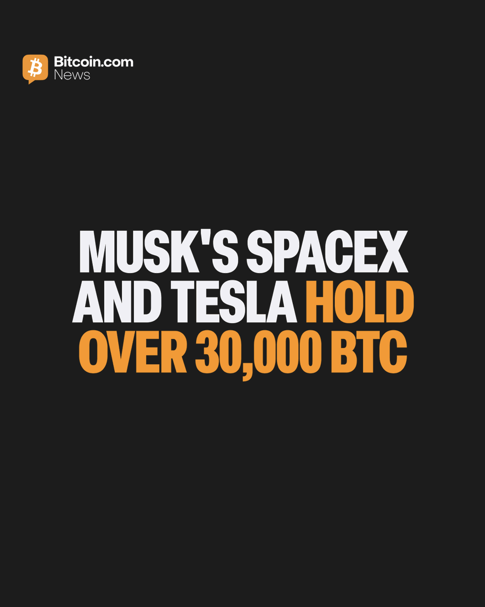 BitcoinNews's tweet photo. 🟠 SpaceX and Tesla collectively own more than 30,000 $BTC according to new filings, valued at more than $2.2 billion, per Decrypt.

A reported merger would rank the combined entity among the top 5 publicly traded #Bitcoin treasuries. 🚀 https://t.co/3p3mJRTf95