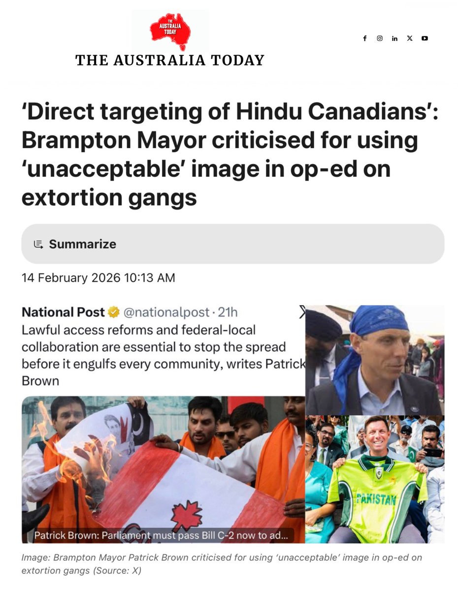CoHNACanada's tweet photo. How media images create stereotypes. It is no coincidence that major Canadian outlets independently chose to lead their coverage of the Indian trade mission with the exact same image of Minister Piyush Goyal, specifically highlighting a grimacing expression and his very Hindu Tilak. 

This editorialized framing goes beyond this one Hindu individual. Earlier this year, the National Post used an unrelated, generalized stock photo of Hindu men to illustrate a piece on extortion by Mayor Patrick Brown. Whether through negligence or intent, Canadian media continues to employ visual tropes that dehumanize and otherize  Hindu Canadians.

This Hinduphobic and stereotypical framing is a catalyst of real world violence against Hindu Canadians. At a time of unprecedented, fueled hatred in Canada, the media’s persistent reliance on these narratives actively shapes public perception. It is time for these outlets to be held accountable for the hate their visual bias incites.