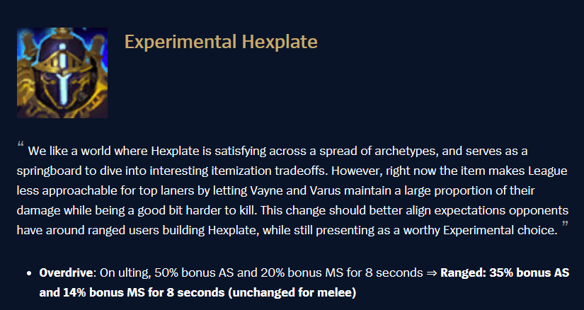 WhatleyLeague's tweet photo. Riot want to band-aid "fix" to Varus/Vayne top by nerfing Hexplate.

What they somehow don't realise is this isn't the best rush item on either of them anyway, AND they're buffing Shiv.

Result? Varus Top buffed.

Can always rely on this balance team to be three steps behind. https://t.co/eR0qfaEI41