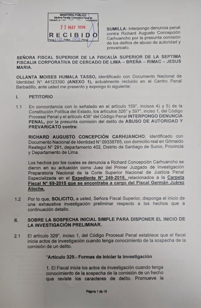 Ollanta_HumalaT's tweet photo. He interpuesto denuncia penal contra el Juez Richard Concepción Carhuancho, por los delitos de abuso autoridad y prevaricato. Al descubrirse que aprobó la colaboración eficaz de Martín Belaunde, en nuestro caso; pese a haber sido notificado, en dos oportunidades, sobre la decisión de la Corte Suprema de Bolivia de denegar la ampliación de extradición de este falso colaborador. Poco a poco, la verdad se abre paso. @Poder_Judicial_ 

[Texto enviado por el Expresidente de la República del Perú, señor Ollanta Humala Tasso]
