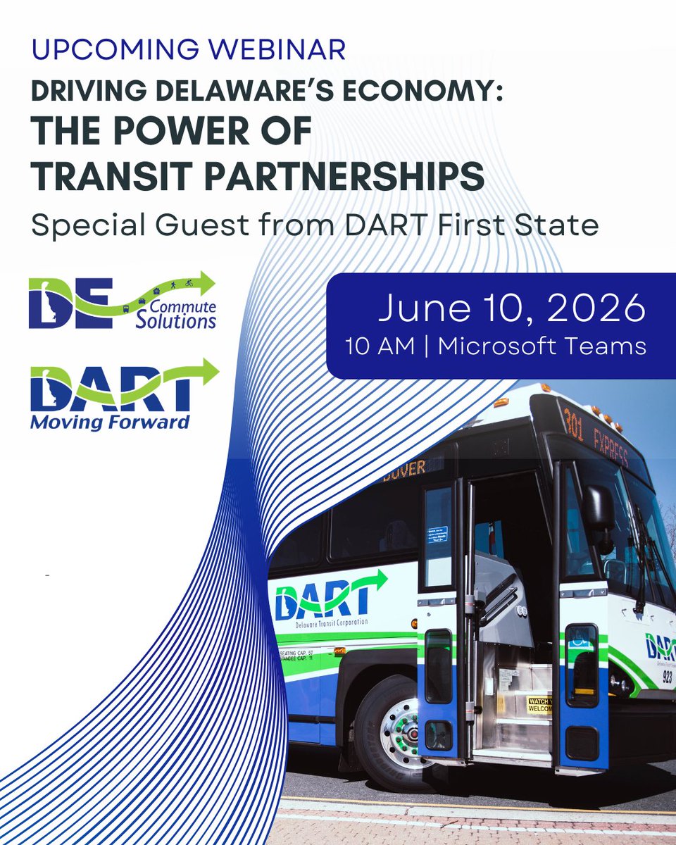 DECommuteSol's tweet photo. Join DECS and special guests from @Dartfirststate
for a talk about DART’s collaborative network.  

DART leverages transit investments to move more than just passengers, moving DE's economy forward. Explore DART’s collaborative network, and need to keep our communities connected. https://t.co/dKbkg7tbA9