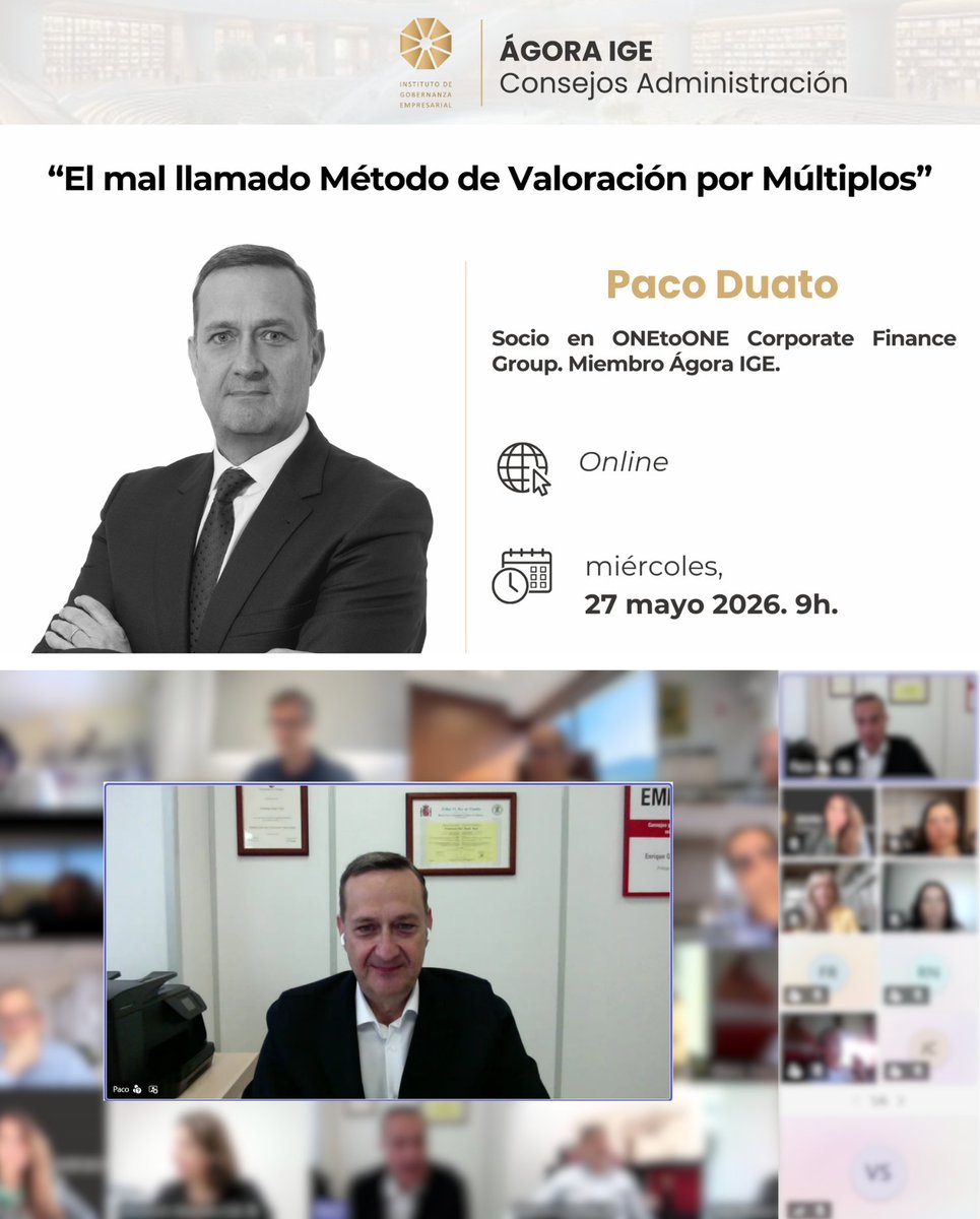 IGobernanzaEmp's tweet photo. ☕️Desde #ÁgoraIGE, hemos compartido hoy un café online con Francisco Duato, socio en ONEtoONE Corporate Finance y recién egresado de nuestra #AcreditaciónInternacional en #Valencia.

Hemos analizado conceptos clave de valoración de empresas, M&amp;A y análisis financiero estratégico. https://t.co/mSSa8KQ3PZ