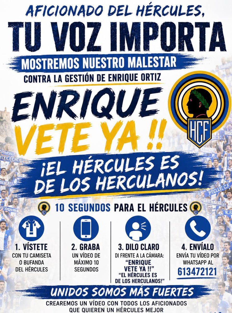accionherculana's tweet photo. No queremos más silencio.
Queremos que la afición vuelva a hacerse escuchar.

Participa.
Graba tu vídeo.
Haz que tu voz también forme parte del cambio.

Por un Hércules libre y digno. #accionherculana https://t.co/X7vrIN7UHp