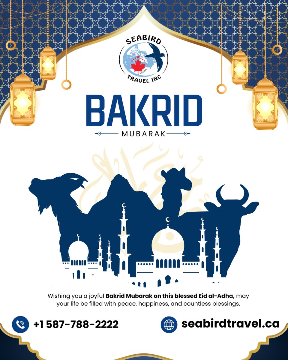 SeabirdTravelca's tweet photo. ✨ Bakrid Mubarak from Seabird Travel Inc. ✨🌙

May this blessed Eid al-Adha bring peace, happiness, prosperity, and countless blessings to you and your loved ones. 🤍

📞 +1 587-788-2222
🌐 https://t.co/wcTfU78DCs

#BakridMubarak https://t.co/lxi9R6xMF3