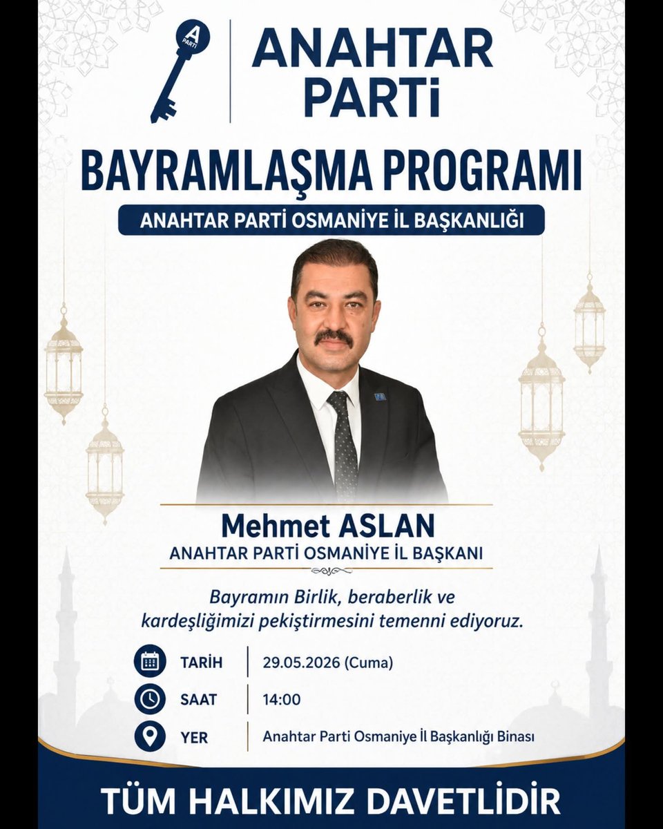 anahtarparti80's tweet photo. Mübarek Kurban Bayramı’nın birlik, kardeşlik ve dayanışma iklimini hep birlikte paylaşmak amacıyla, 29 Mayıs Cuma (bayramın 3. günü) saat 14.00’te Parti binamızda gerçekleşecektir.
@yavuzagiraliog     @anahtarparti
@vetmehmetaslan
@anahtar_80KK https://t.co/IS1FYYhP3C