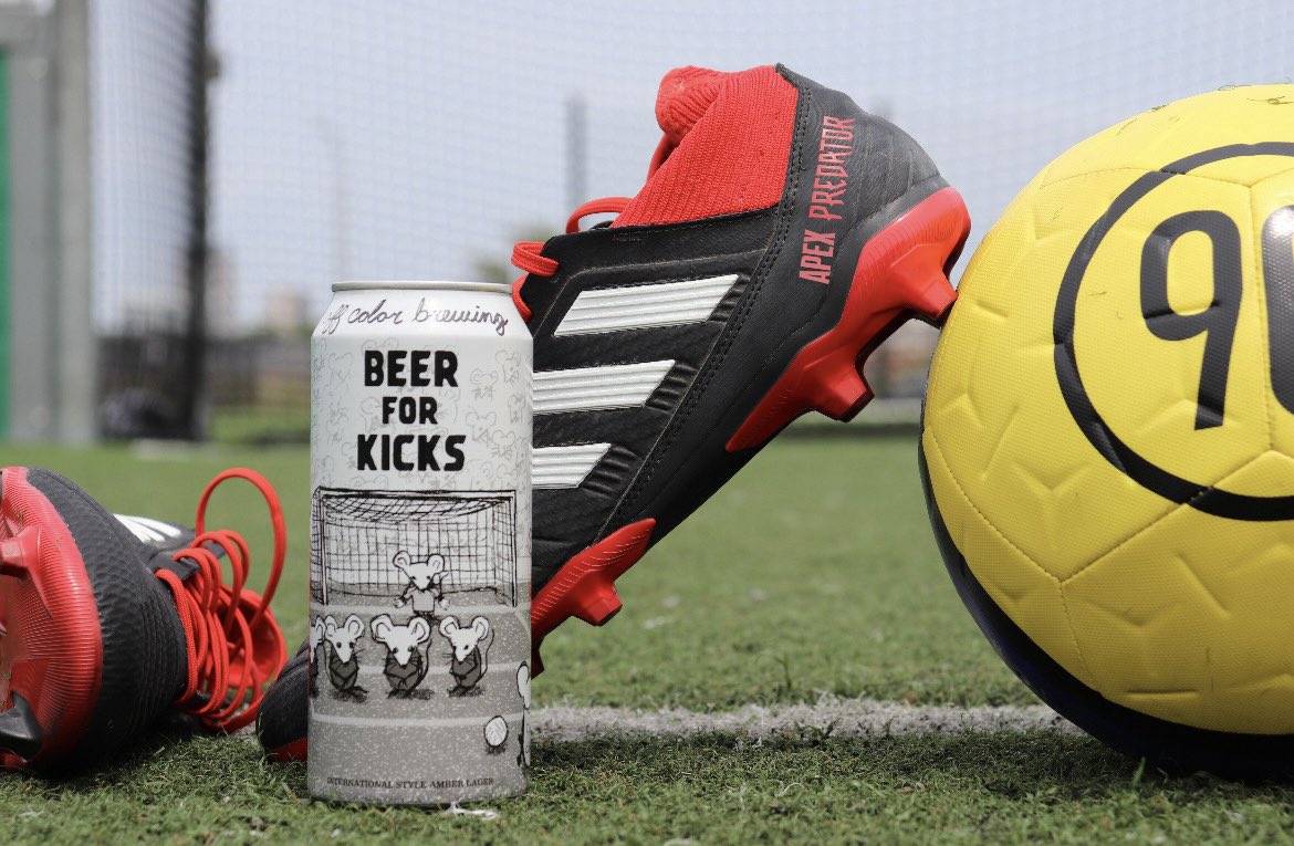 OffcolorBrewing's tweet photo. Beer for Kicks releases Friday at noon!

The perfect pitch side companion from the opening whistle to the final penalty kick, this amber lager is crushable with a noble, turfy hop profile that balances a malt presence whose nuttiness is only outdone by a gang of hooligans. https://t.co/53ZkA7IGw4