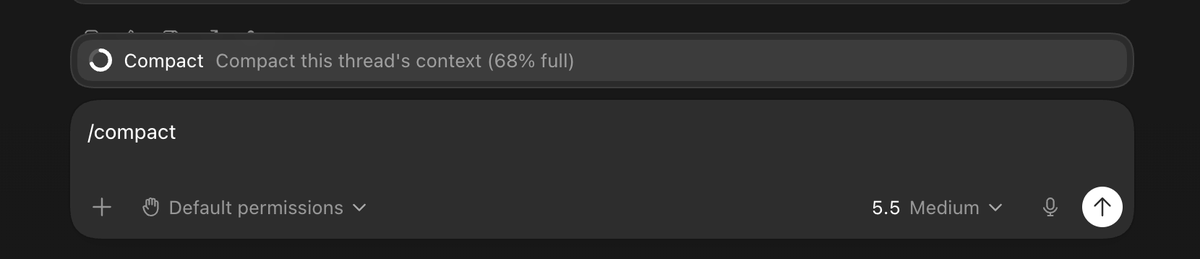 mutewinter's tweet photo. 🚨 Codex desktop removed the context circle...

...but you can still see it if you type /compact

Not great, but at least it's there. https://t.co/nXFokbZhrc