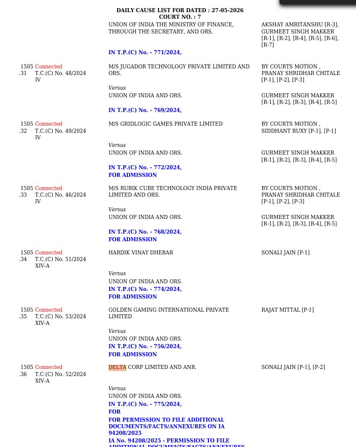 ullash's tweet photo. 🚨 FACT CHECK: Kedia Ji is 100% innocent on today’s Delta Corp SC GST verdict.
Predicting this judgment was IMPOSSIBLE before markets closed today at 3:30 PM.
What is a Cause List?It’s Supreme Court’s daily timetable. It only shows the case is listed for afternoon (3 PM slot) — no one knows the result until judges pronounce it.

His morning calls had ZERO advance info.
@sushilkedia @kedianomics @CNBC_Awaaz @AnujSinghal @EconomicTimes 
Thread with proof 👇 #DeltaCorp #KediaJi #FactCheck