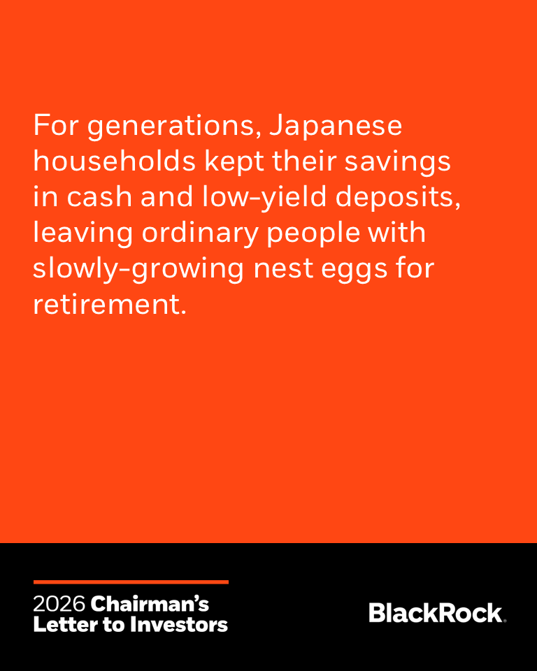 BlackRock's tweet photo. Around the world, countries are expanding market participation and helping more people grow with their economies. In Japan, raising contribution limits for Nippon Individual Savings Accounts (NISA) has helped bring nearly 10 million new investors into the market, about 8% of the population in just three years. Learn more in Larry Fink’s Letter to Investors. https://t.co/PZ05RsdWSV