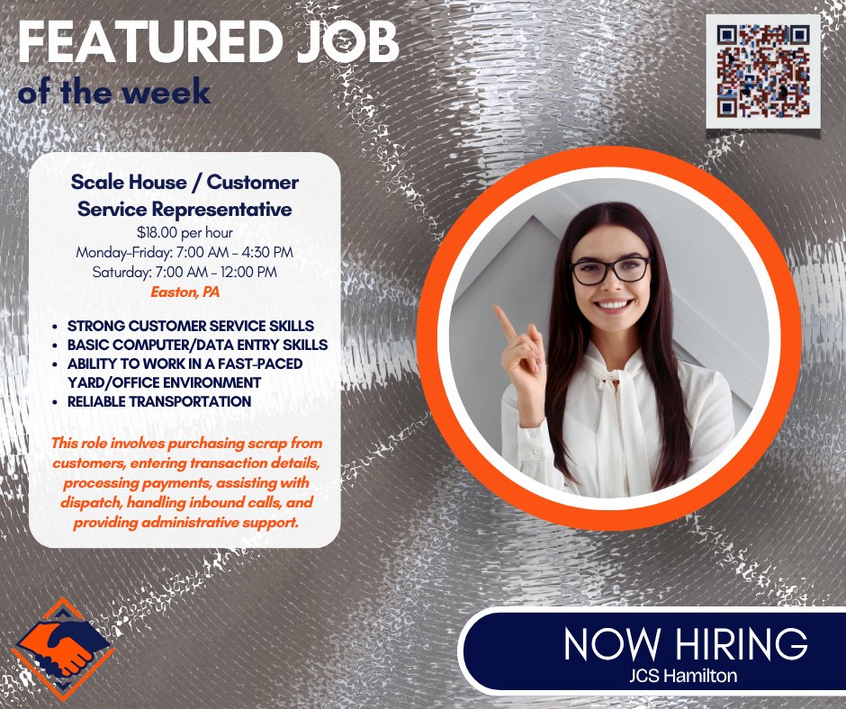 JCSFAMILYINC's tweet photo. We're excited to spotlight a fantastic opportunity at our JCS Hamilton office! Our longtime client in Easton, PA, is looking for a dedicated Scale House/Customer Representative.
#joboftheweek #csr #eastonpa #workingforyou #jcsfamilyinc #jobconnectionservices https://t.co/kpzCtEpsQT