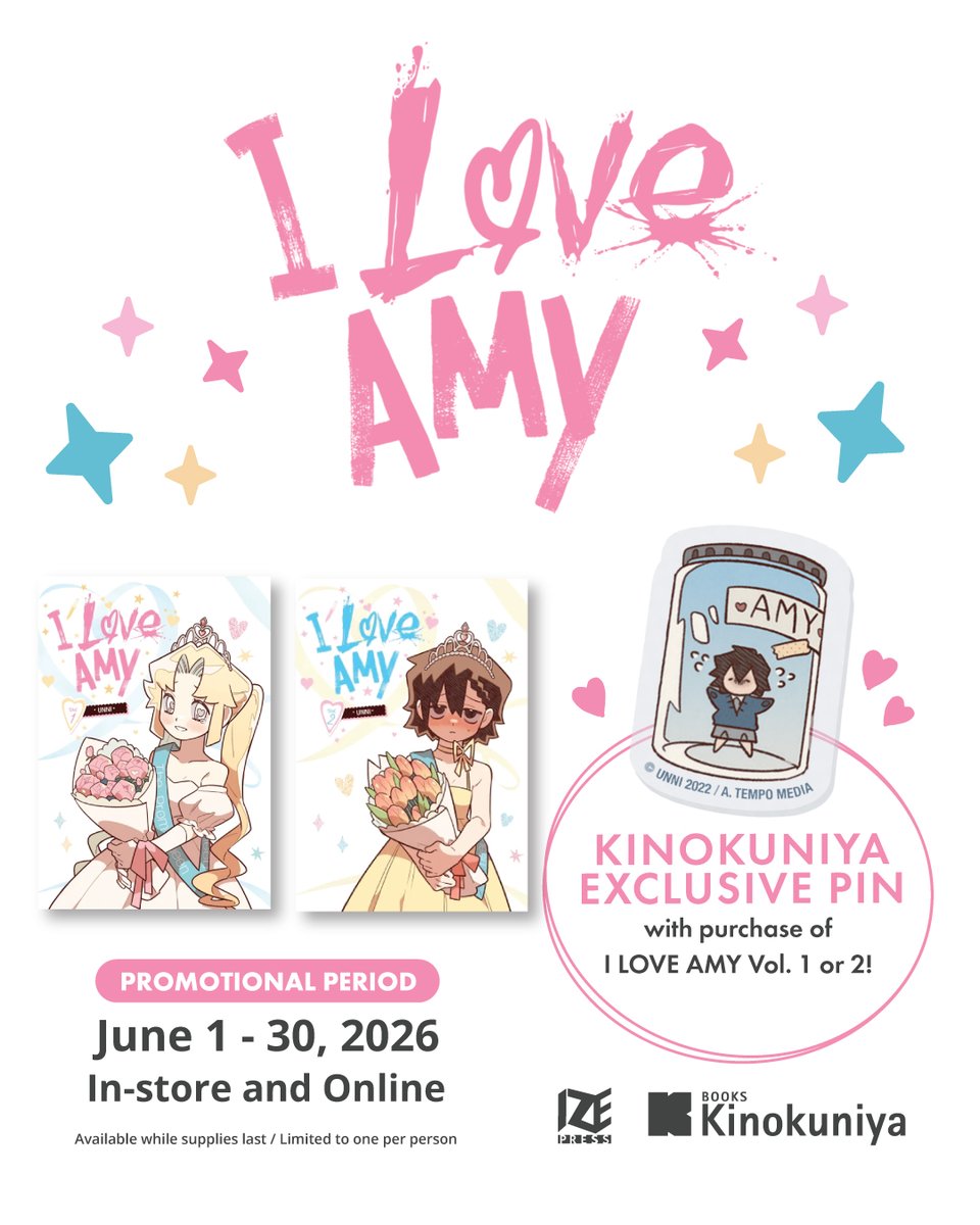 KinokuniyaUSA's tweet photo. Kinokuniya exclusive I Love Amy pin 💐✨

In celebration of Pride Month, we’re partnering with @izepress to offer an Amy pin* with purchase of Vol. 1 or 2 of I Love Amy, the cute yet psychological GL manhwa—available at Kinokuniya stores and online throughout June! https://t.co/tFDdjbgusx
