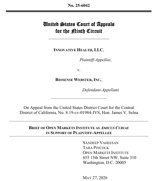 sandeepvaheesan's tweet photo. 1. @openmarkets just filed an amicus brief in Innovative Health v. Biosense Webster, a case before the Ninth Circuit with important implications for American healthcare and the fight for the public’s right to repair cars, electronics, and other durable equipment https://t.co/FPHBTyMfOo