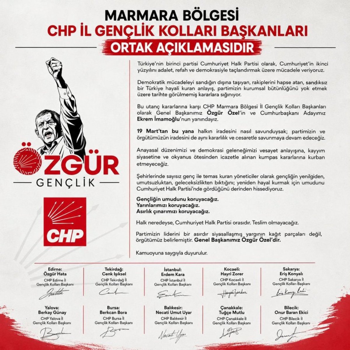 Altiok1919's tweet photo. Marmara Bölgesi’ndeki tüm CHP il gençlik kolları başkanları, Özgür Özel’in ve Ekrem İmamoğlu’nun yanında olduklarını açıkladı. https://t.co/HqkthgBiud