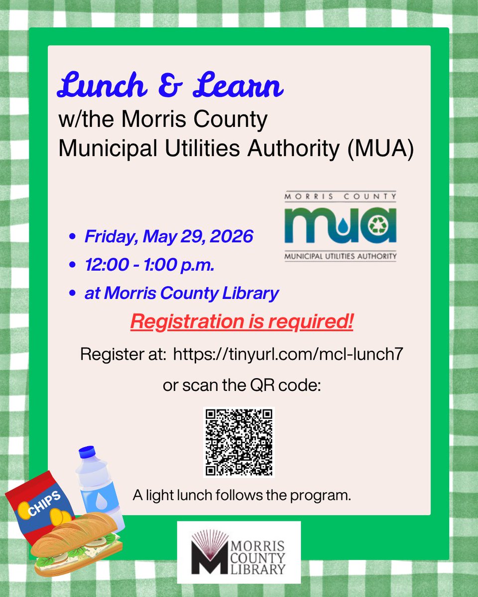 mclib's tweet photo. Hurry—spots are filling up! Register now for our Lunch &amp; Learn with the Morris County Municipal Utilities Authority on May 29 @ noon. Enjoy a light lunch and valuable insights. Registration required at the link below. See you there!

https://t.co/NIVFRo5Zq5 https://t.co/RlulwMyw55