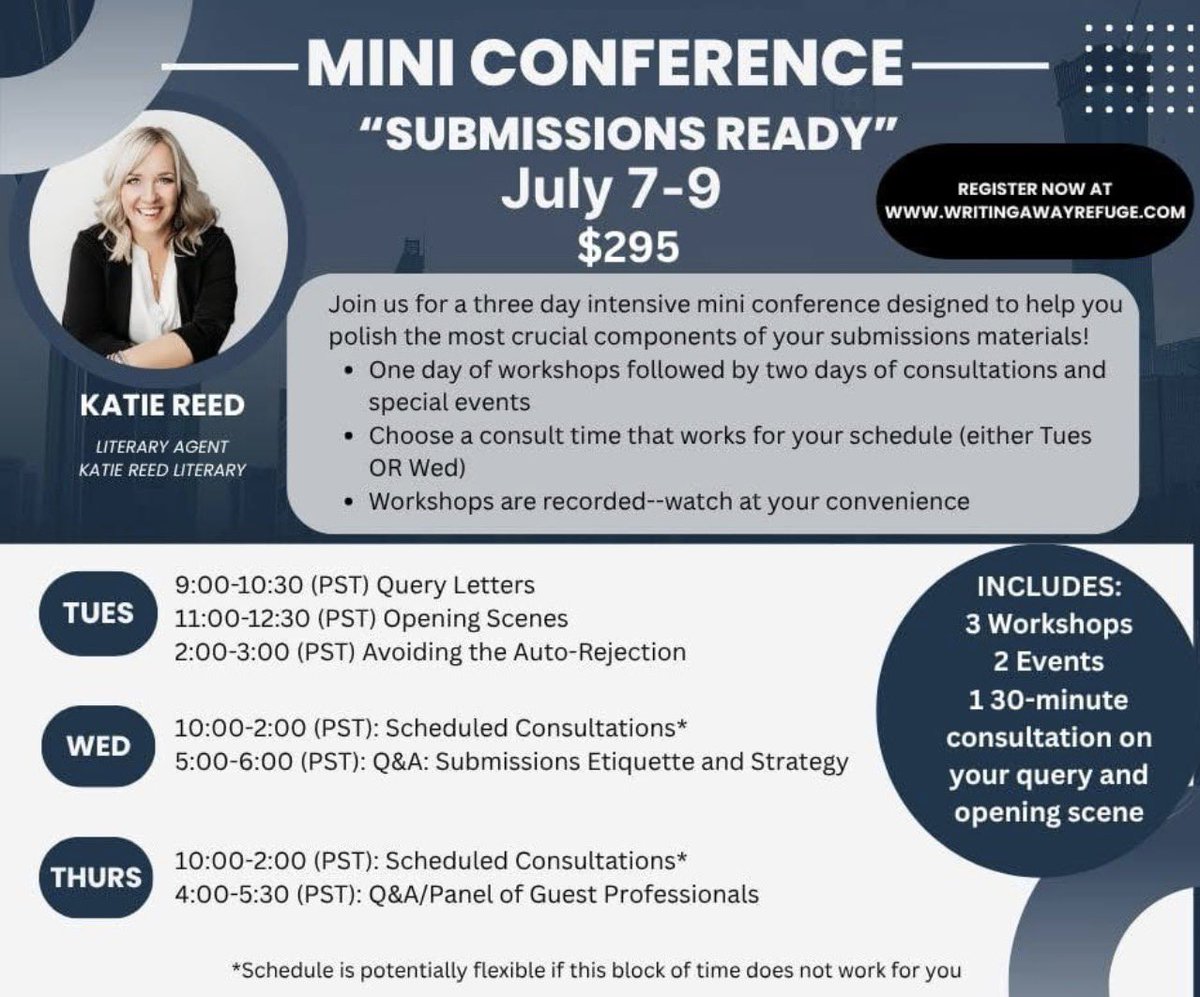 WritingRefuge's tweet photo. Make this summer the one you’re agented! Join us in July for the “Submissions Ready” Zoom Mini Conference with literary agent Katie Reed of Katie Reed Literary. This event is limited to 12 writers to allow for one-on-one time with Katie. Full details below. #writingawayrefuge #writingcommunity #amwriting #amquerying #writer #writerslife https://t.co/UatWFjsKwH