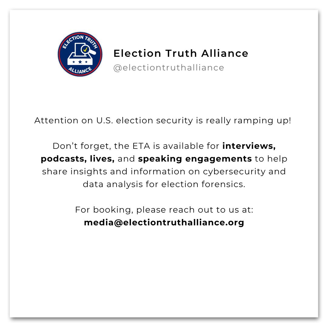 ETA_Org's tweet photo. Attention on U.S. security is really ramping up!

Don’t forget, the ETA is available for interviews, podcasts, lives, and speaking engagements to help share insights and information on cybersecurity and data analysis for election forensics.

For booking, please reach out to us! https://t.co/Z5tkoK01Ol