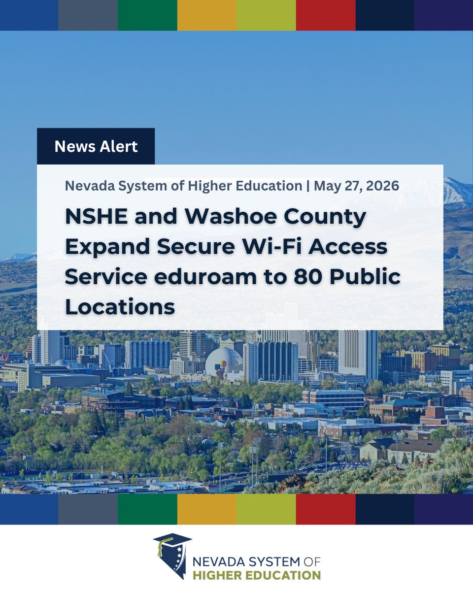NSHE's tweet photo. News Alert: NSHE and @washoecounty Expand Secure Wi-Fi Access Service eduroam to 80 Public Locations. Read more on our website: https://t.co/PrVNGOfW0n https://t.co/kv9mGJhvP3